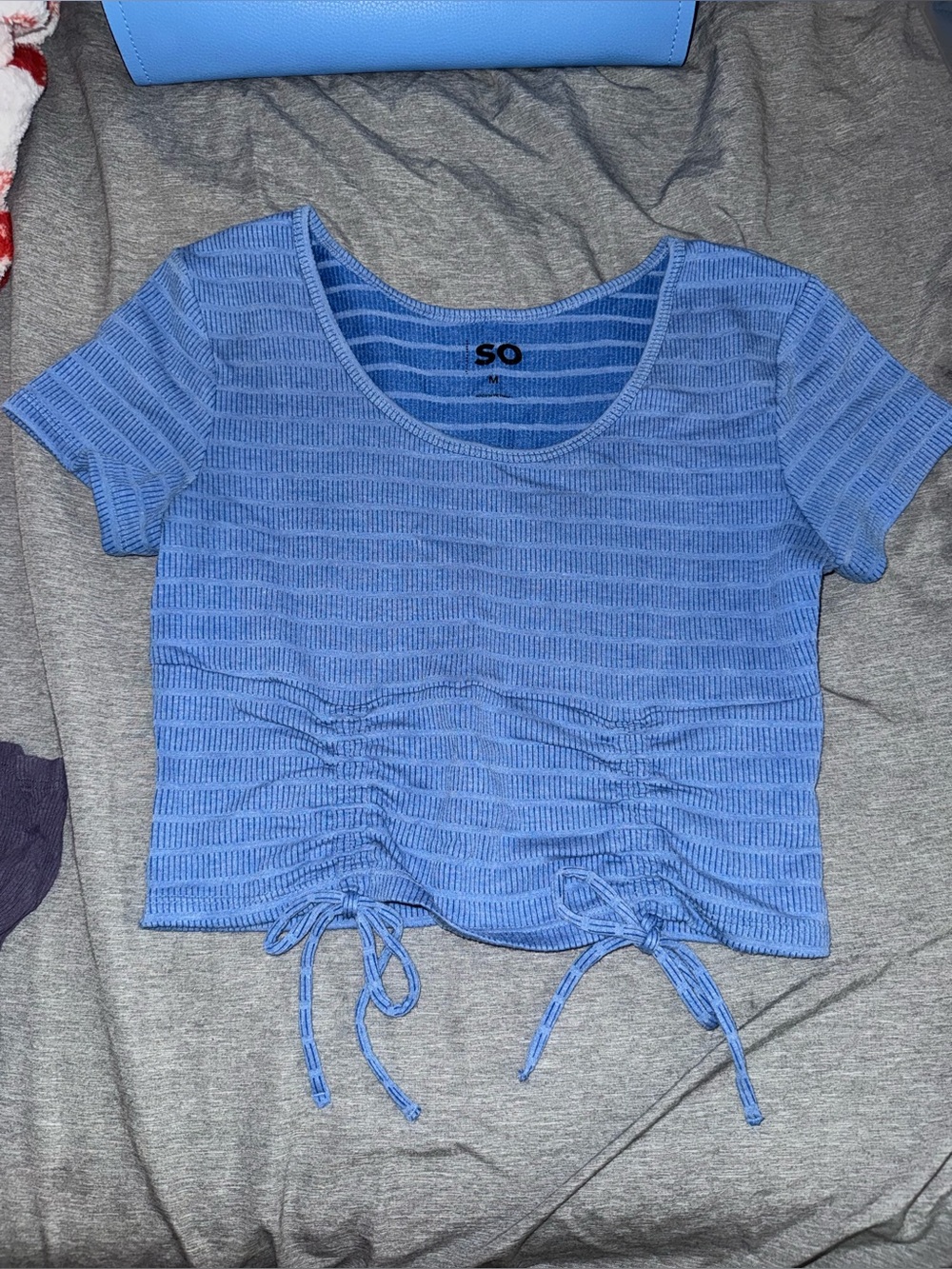 SO Blue Ribbed Drawstring Crop Top